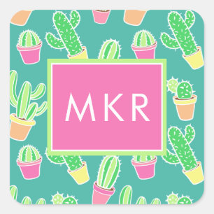 Neon Watercolor Cactus In Pots Pattern Square Sticker