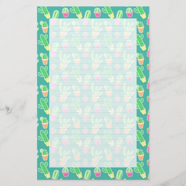 Neon Watercolor Cactus In Pots Pattern Stationery (Front)