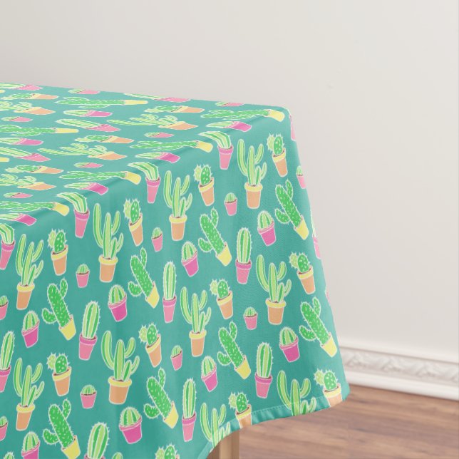 Neon Watercolor Cactus In Pots Pattern Tablecloth (In Situ)
