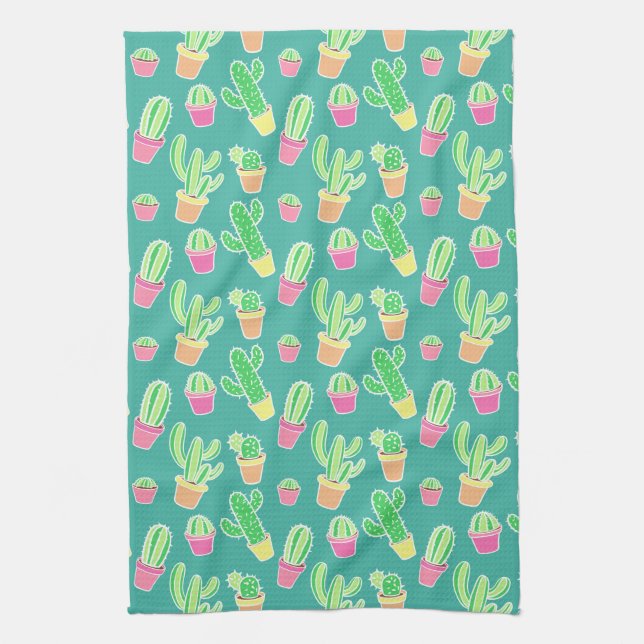 Neon Watercolor Cactus In Pots Pattern Tea Towel (Vertical)