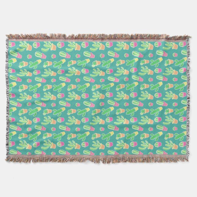 Neon Watercolor Cactus In Pots Pattern Throw Blanket (Front)