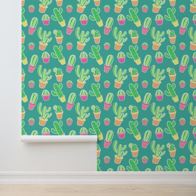 Neon Watercolor Cactus In Pots Pattern Wallpaper (Application)