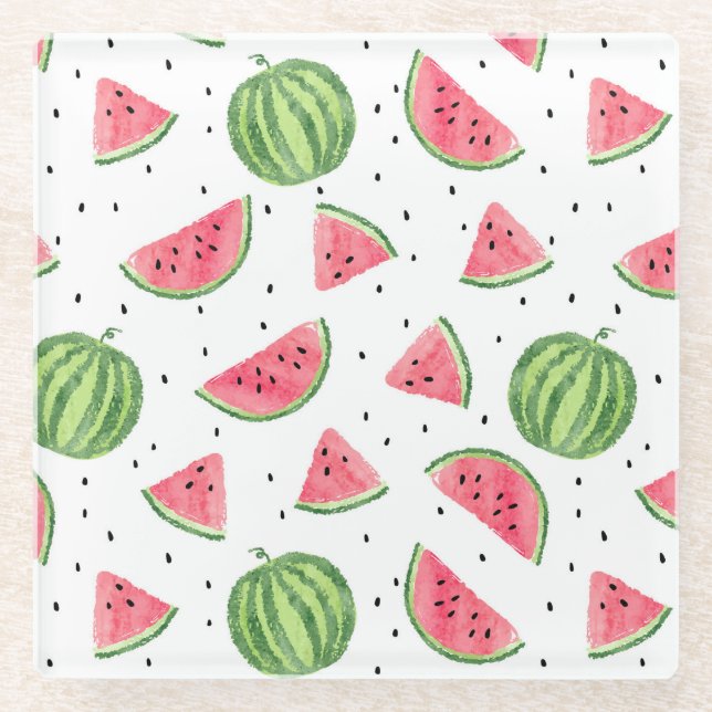 Neon Watercolor Watermelons Pattern Glass Coaster (Front)