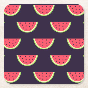 Neon Watermelon on Purple Pattern Square Paper Coaster