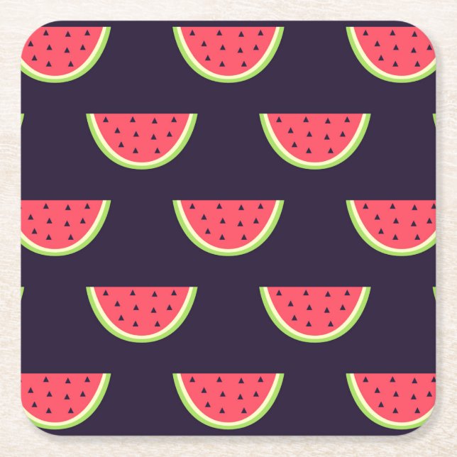 Neon Watermelon on Purple Pattern Square Paper Coaster (Front)
