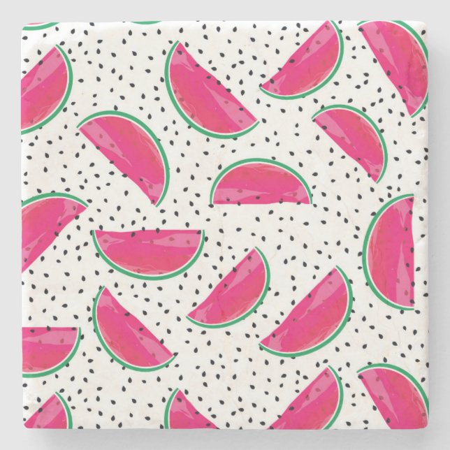 Neon Watermelon on Seeds Pattern Stone Coaster (Front)