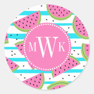 Neon Watermelon on Stripes Pattern Classic Round Sticker