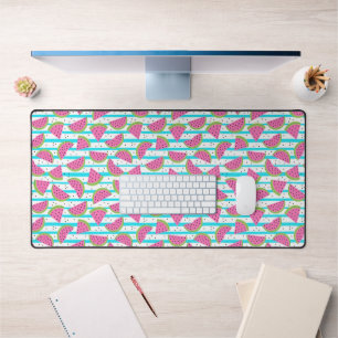 Neon Watermelon on Stripes Pattern Desk Mat