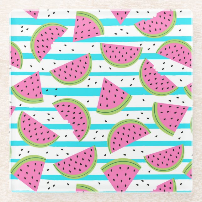 Neon Watermelon on Stripes Pattern Glass Coaster (Front)