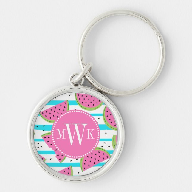 Neon Watermelon on Stripes Pattern Key Ring (Front)