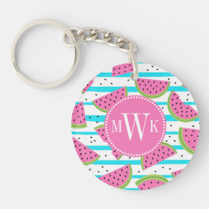 Neon Watermelon on Stripes Pattern Key Ring