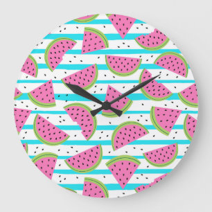 Neon Watermelon on Stripes Pattern Large Clock