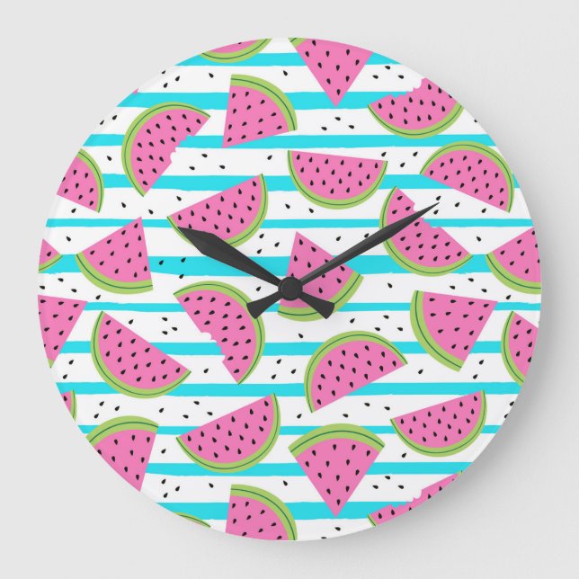 Neon Watermelon on Stripes Pattern Large Clock (Front)