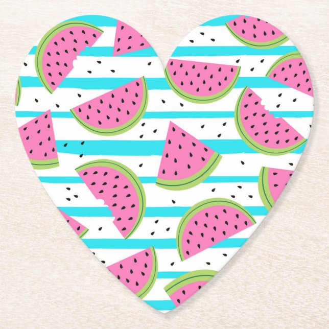 Neon Watermelon on Stripes Pattern Paper Coaster (Front)