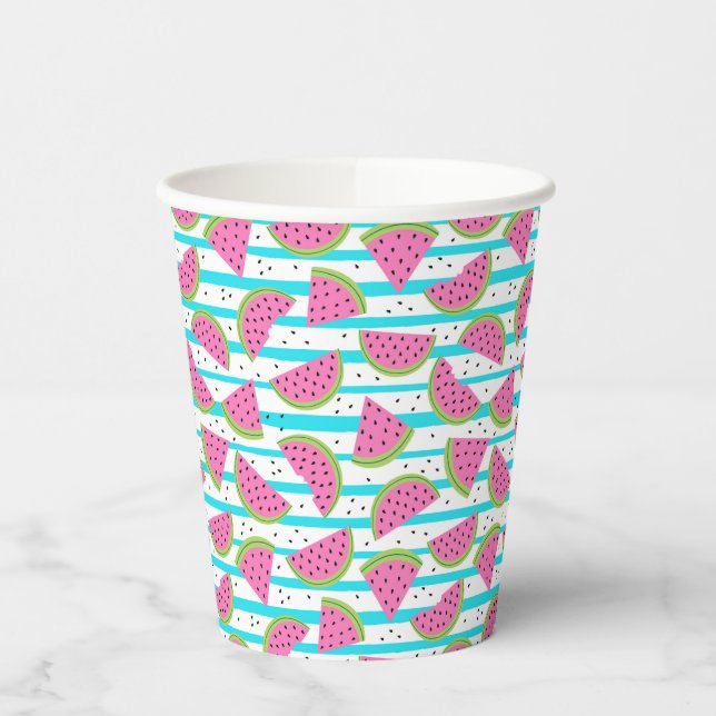 Neon Watermelon on Stripes Pattern Paper Cups (Left)
