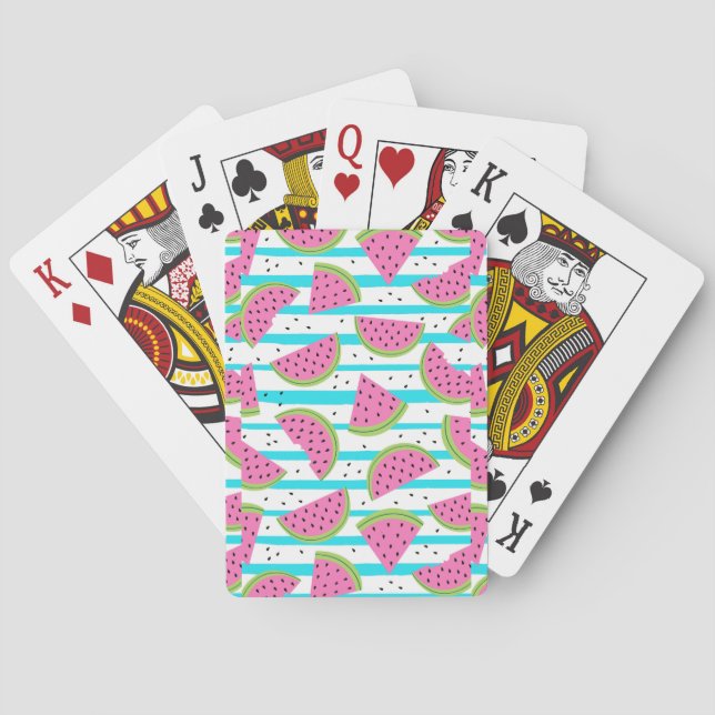 Neon Watermelon on Stripes Pattern Playing Cards (Back)