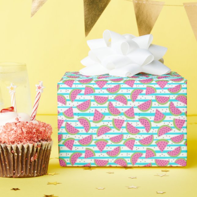 Neon Watermelon on Stripes Pattern Wrapping Paper (Birthday Party)