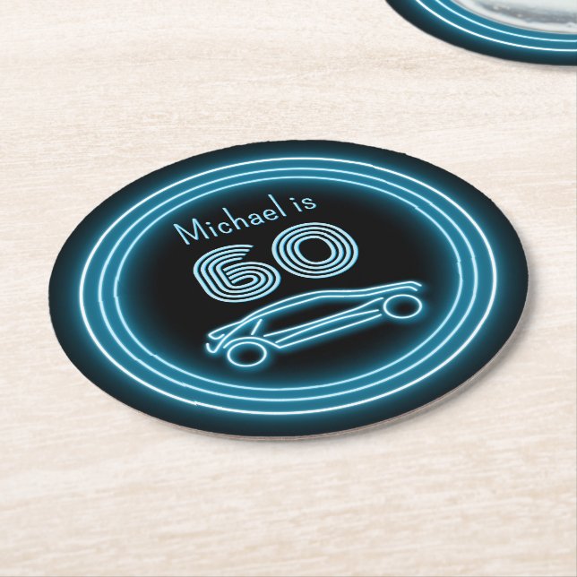 Neon Wheels - Car Racing - Masculine Theme Event Round Paper Coaster (Angled)