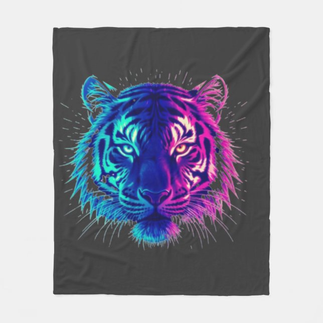 Neon White Tiger – Glowing Cyberpunk Wildlife Art Fleece Blanket (Front)