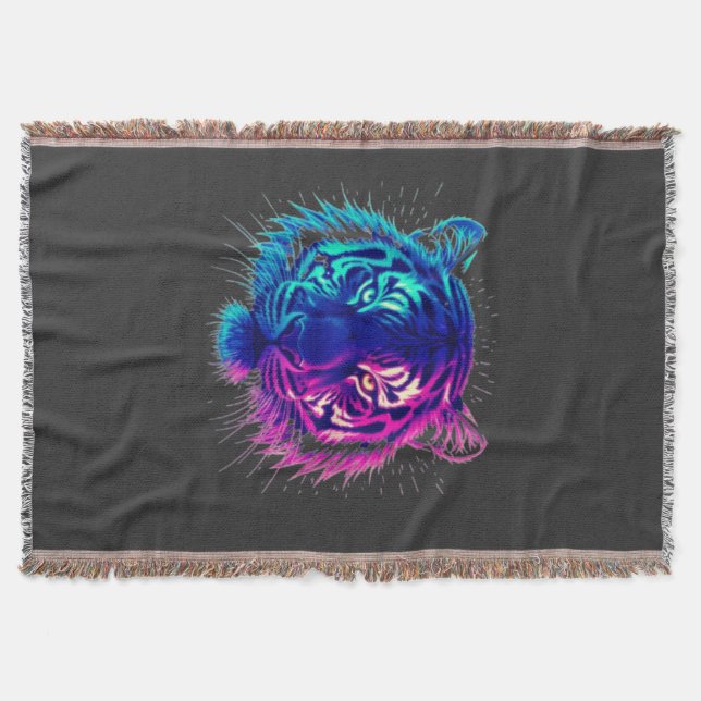 Neon White Tiger – Glowing Cyberpunk Wildlife Art Throw Blanket (Front)
