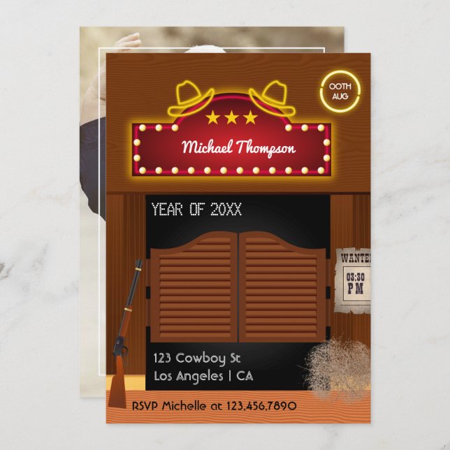 Neon Wild West Cowboy themed Graduation Party Invitation (Front/Back)