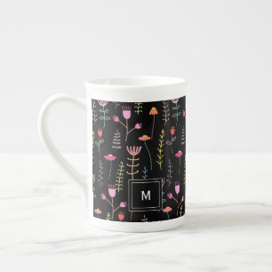 Neon Wildflowers on Black, monogrammed  Bone China Mug