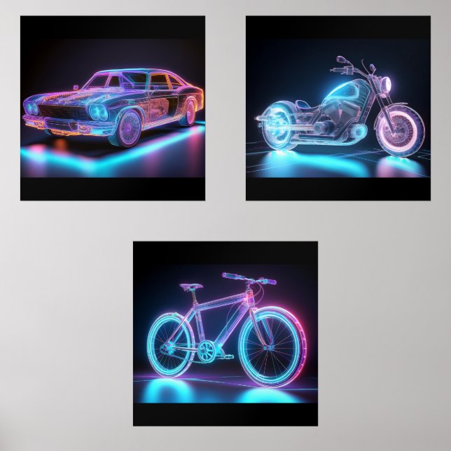 Neon Wireframe Vehicle Art – Futuristic Design Set (Front)