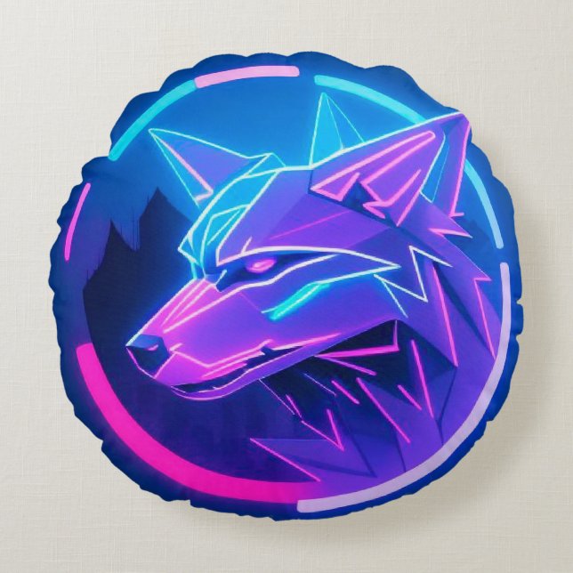 Neon Wolf Face In Geometric Futuristic Style 🐺✨ Round Cushion (Front)