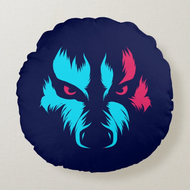 Neon Wolf Face Round Cushion (Front)