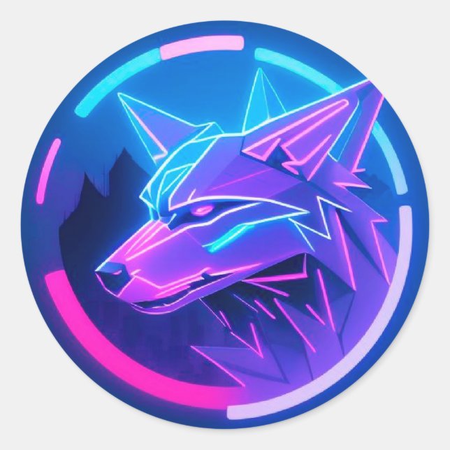 🐺 Neon Wolf Geometric Futuristic Cyber Night Glow Classic Round Sticker (Front)