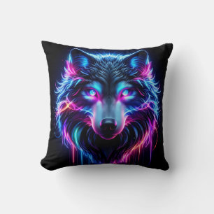 Neon Wolf Glowing Eyes Cyberpunk Futuristic Animal Cushion