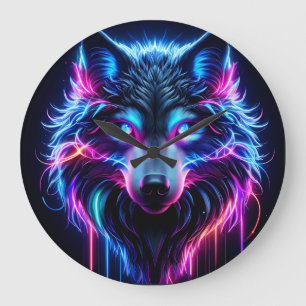 Neon Wolf Glowing Eyes Cyberpunk Futuristic Animal Large Clock