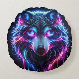 Neon Wolf Glowing Eyes Cyberpunk Futuristic Animal Round Cushion