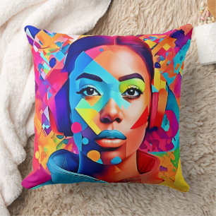 Neon Woman Dreams Digital Art Cushion
