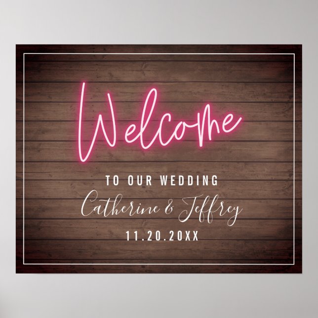 Neon Wood Plank Wedding Welcome Poster (Front)