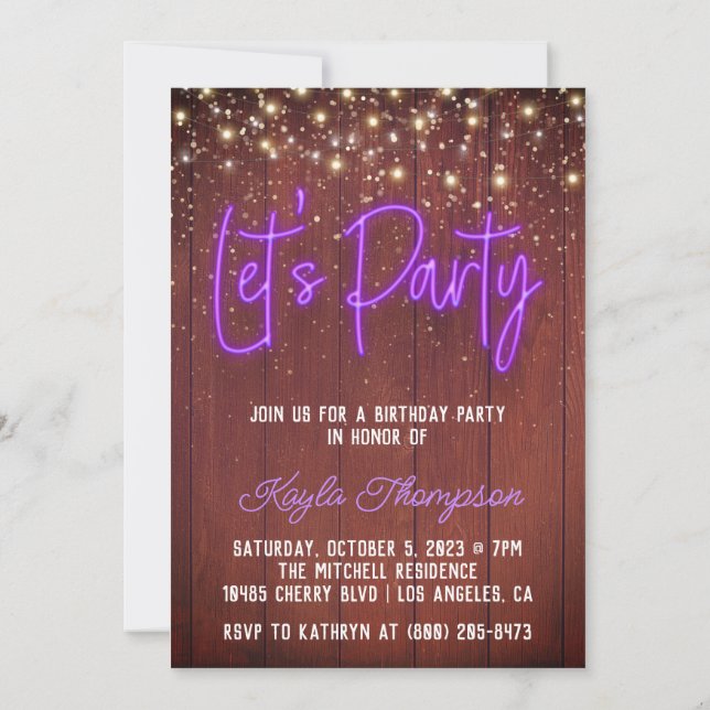 Neon Wooden Wall Let's Party Invitation (Back)