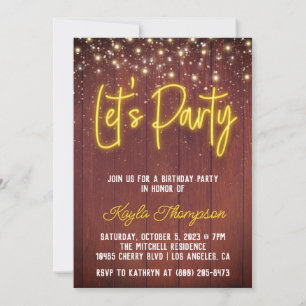 Neon Wooden Wall Let's Party Invitation
