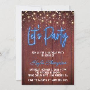 Neon Wooden Wall Let's Party Invitation