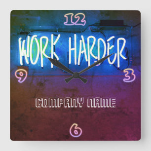 Neon Work Harder Office Staff Room Personalised Square Wall Clock
