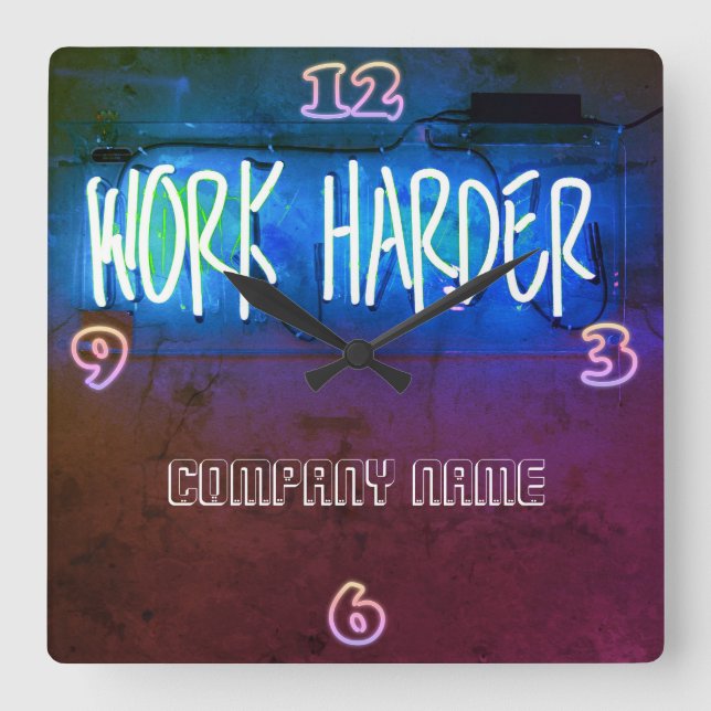 Neon Work Harder Office Staff Room Personalised Square Wall Clock (Front)