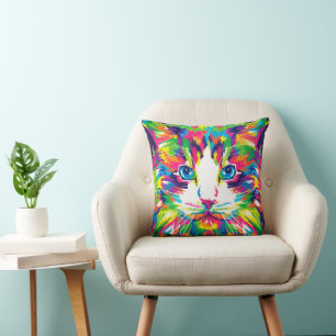 Neon WPAP Cat Throw Pillow Colourful Pop Art Decor