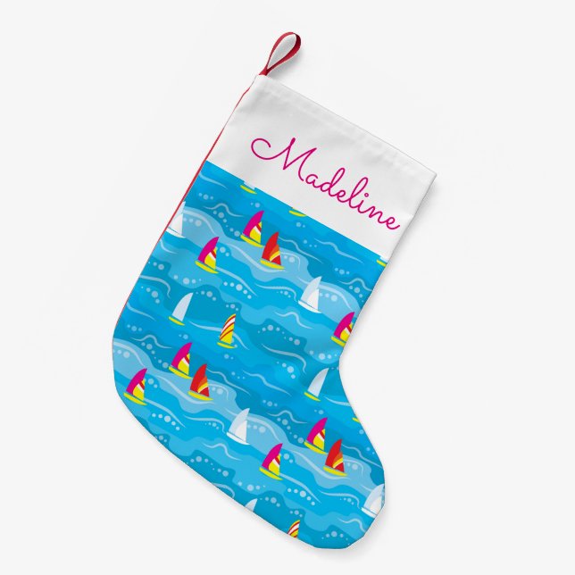 Neon Yacht Pattern | Add Your Name Small Christmas Stocking (Front (Hanging))
