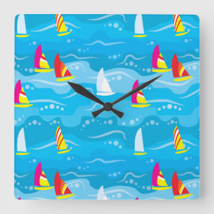Neon Yacht Pattern Square Wall Clock