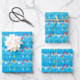 Neon Yacht Pattern Wrapping Paper Sheet