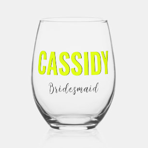 Neon Yellow 3D Elegant Name Bridesmaid   Stemless Wine Glass