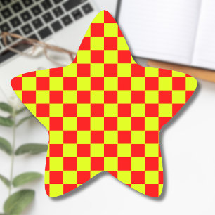 Neon Yellow and Red Chequered Chequerboard Vintage Star Sticker