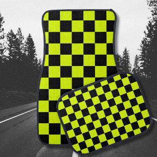 Neon Yellow Black Chequered Chequerboard Vintage Car Mat