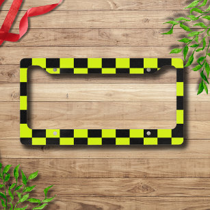 Neon Yellow Black Chequered Chequerboard Vintage Licence Plate Frame