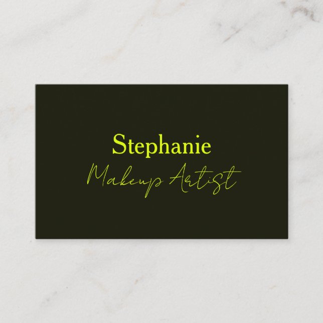 Neon Yellow Black Custom Script Text Makeup Artist Business Card (Front)
