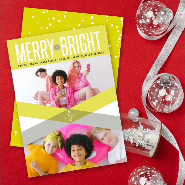 Neon Yellow Double Arrows Merry And Bright Photo Holiday Card (Creator Uploaded)